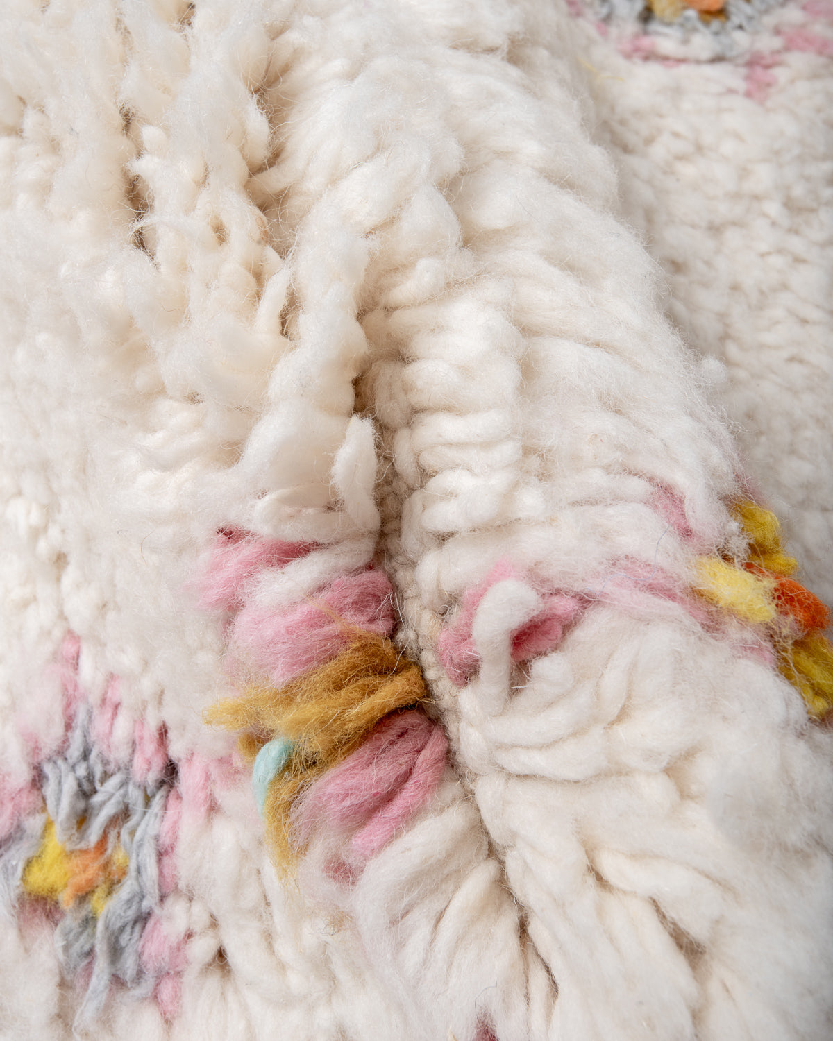Modern, designer, handcrafted Berber rug from Morocco. Beniourain carpet with beautiful colours and patterns and fluffy wool texture.